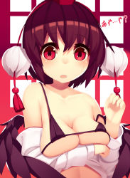 Rule 34 | 1girl, :o, ayaya~, bare shoulders, black wings, blush, breast hold, breasts, cleavage, collarbone, eyebrows, hat, large breasts, long sleeves, looking at viewer, mikan (bananoha), off shoulder, open clothes, open mouth, open shirt, pom pom (clothes), red eyes, red hat, shameimaru aya, shirt, simple background, solo, strap slip, sweatdrop, tareme, tassel, text focus, tokin hat, touhou, two-tone background, underboob, upper body, white shirt, wings