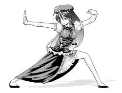 Rule 34 | 1girl, ahoge, bow, braid, breasts, female focus, fighting stance, frown, full body, greyscale, hair bow, hat, heijitsu (paapuu), hong meiling, immaterial and missing power, large breasts, long hair, monochrome, neck ribbon, puffy short sleeves, puffy sleeves, ribbon, shoes, short sleeves, solo, star (symbol), touhou, twin braids, white background, wing collar