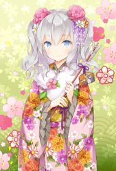 Rule 34 | 10s, 1girl, alternate costume, arrow (projectile), blue eyes, floral print, flower, frilled sleeves, frills, grey eyes, hair flower, hair ornament, hamaya, japanese clothes, kantai collection, kashima (kancolle), kimono, light smile, looking at viewer, obi, sash, silver hair, smile, solo, wataame27, wavy hair