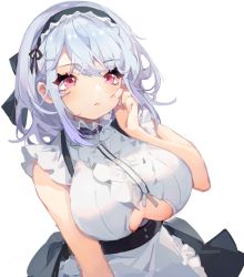 Rule 34 | 1girl, apron, azur lane, bare shoulders, black hairband, black skirt, blush, breasts, center frills, closed mouth, clothing cutout, dido (azur lane), frilled shirt, frills, hairband, hand on own cheek, hand on own face, highres, large breasts, long hair, looking at viewer, maid, pink eyes, shirt, silver hair, simple background, skirt, sleeveless, sleeveless shirt, solo, underboob, underboob cutout, waist apron, white apron, white background, white shirt, you hashira