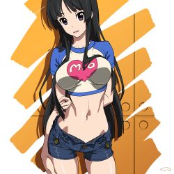Rule 34 | 1girl, akiyama mio, arm behind back, bad id, bad pixiv id, black hair, breasts, crop top, denim, denim shorts, heart, impossible clothes, impossible shirt, impossible shorts, k-on!, large breasts, long hair, looking at viewer, midriff, navel, open clothes, open fly, open shorts, raglan sleeves, shirt, short shorts, shorts, skindentation, solo, suna (sandworks), unbuttoned, unzipped, very long hair