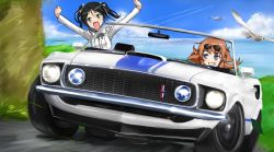 Rule 34 | 2girls, aegis (nerocc), anachronism, bird, black hair, blue eyes, brown hair, car, charlotte e. yeager, cloud, contrail, day, driving, eyewear on head, fang, ford, ford mustang, ford mustang (1st generation), francesca lucchini, green eyes, grin, hair ribbon, highres, horizon, long hair, motion blur, motor vehicle, multiple girls, ocean, open mouth, outstretched arms, ribbon, road, seagull, smile, street, strike witches, sunglasses, twintails, vehicle, vehicle focus, world witches series