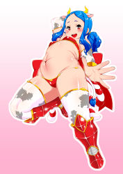 Rule 34 | 1girl, animal ears, animal print, arm behind head, armor, bare shoulders, bikini, bikini armor, blue hair, blush, boots, commentary request, cow print, detached sleeves, dot nose, forehead, full body, gradient background, highres, horns, knee boots, long hair, looking at viewer, mura-san, navel, open mouth, original, outstretched arm, ponytail, red eyes, red footwear, sidelocks, simple background, solo, string bikini, swimsuit, tail, thick thighs, thighhighs, thighs, white thighhighs
