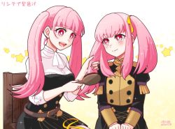 Rule 34 | 2020, 2girls, alternate hair color, alternate hairstyle, alukubero, ascot, belt, blush, brush, chair, dated, dress, female focus, fire emblem, fire emblem: three houses, garreg mach monastery uniform, hilda valentine goneril, holding, holding another&#039;s hair, holding brush, japanese text, lysithea von ordelia, matching hair/eyes, multiple girls, nintendo, open mouth, pink eyes, pink hair, simple background, sitting, sleeves rolled up, smile, strap, twintails, uniform