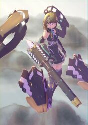 Rule 34 | 1girl, absurdres, alice gear aegis, black dress, brown hair, commentary request, deltamegasiki, dress, elbow gloves, floating, floating object, garyu emi, glasses, gloves, gun, highres, holding, holding gun, holding weapon, mecha musume, mechanical arms, mechanical legs, purple hair, solo, weapon