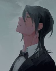 Rule 34 | 1boy, black bow, black bowtie, black hair, black jacket, bow, bowtie, chinese commentary, cloud, cloudy sky, commentary request, dark, green eyes, highres, jacket, k9buchiyu, leonard mitchell, looking up, lord of the mysteries, medium hair, parted lips, shirt, sky, solo, teeth, water drop, wet, wet clothes, wet hair, white shirt