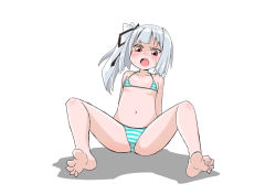 Rule 34 | 1girl, aqua bikini, arm support, arms behind back, bare shoulders, barefoot, bikini, black ribbon, blush, breasts, chestnut mouth, collarbone, embarrassed, feet, female focus, full body, hair ribbon, highres, kantai collection, kasumi (kancolle), looking down, mikomo, nose blush, open mouth, orange eyes, ribbon, shiny skin, side ponytail, silver hair, simple background, sitting, small breasts, solo, spread legs, striped bikini, striped clothes, sweat, swimsuit, teeth, textless version, white background