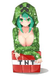 Rule 34 | 1girl, aqua hair, block (object), blush, breasts, charged creeper, cleavage, collarbone, creeparka, creeper, dynamite, explosive, green eyes, highres, hood, hoodie, huge breasts, large breasts, looking at viewer, minecraft, no bra, open clothes, open shirt, personification, shirt, simple background, smile, solo, symbol-shaped pupils, tnt, tnt block (minecraft), unzipped, upper body, uyu (keyakinoki)