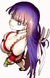Rule 34 | &gt;:), 1girl, aoba (smartbeat), arm guards, bandaged arm, bandages, bikini, breasts, choker, cleavage, closed mouth, cross, cross choker, earrings, fate/grand order, fate (series), foreshortening, frilled bikini, frills, from above, full body, hair ribbon, jewelry, large breasts, long hair, looking at viewer, looking up, martha (fate), martha (swimsuit ruler) (fate), martha (swimsuit ruler) (third ascension) (fate), mismatched bikini, perspective, purple eyes, purple hair, red bikini, ribbon, shadow, simple background, smug, solo, standing, swimsuit, v-shaped eyebrows, very long hair, white background, white bikini, white choker, white ribbon