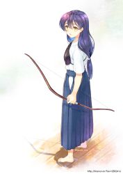 Rule 34 | 1girl, archery, bad id, bad pixiv id, barefoot, blue hair, blue hakama, bow (weapon), from side, hair between eyes, hakama, hakama skirt, holding, holding bow (weapon), holding weapon, japanese clothes, kyuudou, long hair, love live!, love live! school idol festival, love live! school idol project, low ponytail, muneate, simple background, skirt, solo, sonoda umi, trianon, weapon, white background, yellow eyes