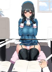 Rule 34 | 10s, 1girl, admiral (kancolle), atago (kancolle), beret, black gloves, black hair, black thighhighs, blonde hair, blush, bookshelf, breasts, cloud, cup, desk, figure, garter straps, gloves, hat, ishimiso (ishimura), isimiso, kantai collection, kneeling, large breasts, long hair, looking at viewer, microskirt, military, military uniform, office, panties, paper, personification, pillow, red eyes, saucer, seductive smile, seiza, short hair, sitting, skirt, sky, smile, table, takao (kancolle), teacup, thighhighs, underwear, uniform, window