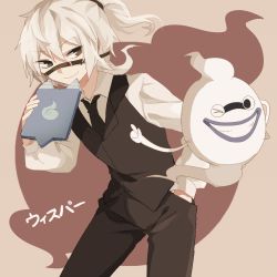 Rule 34 | 10s, 1boy, bad id, bad pixiv id, black eyes, character name, dual persona, ghost, grin, light smile, male focus, necktie, one eye closed, personification, purple lips, shouen kigashi, silhouette, simple background, smile, solo, tablet pc, traditional youkai, translation request, vest, whisper (youkai watch), white hair, youkai watch