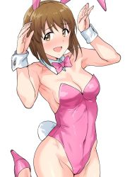 Rule 34 | 1girl, animal ears, bob cut, bow, bowtie, breasts, brown eyes, brown hair, cowboy shot, detached collar, fake animal ears, hagiwara yukiho, high heels, highres, idolmaster, idolmaster (classic), leotard, looking at viewer, medium breasts, open mouth, pink bow, pink bowtie, pink leotard, playboy bunny, rabbit ears, rabbit pose, rabbit tail, short hair, simple background, smile, solo, strapless, strapless leotard, tail, tsurui, white background, wrist cuffs
