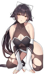 Rule 34 | 1girl, azur lane, black hair, blush, breasts, brown eyes, cleavage, cleavage cutout, clothing cutout, collarbone, elbow gloves, fingerless gloves, full body, gloves, highres, large breasts, leaning forward, long hair, looking at viewer, parted lips, ponytail, race queen, simple background, siu (siu0207), solo, takao (azur lane), takao (full throttle charmer) (azur lane), torn clothes, torn legwear, white background, white gloves