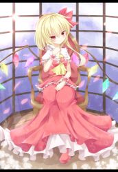 Rule 34 | 1girl, adapted costume, aibumi, ascot, bad id, bad pixiv id, blonde hair, blue sky, blush, brooch, chair, cloud, female focus, flandre scarlet, frown, hair ribbon, head tilt, highres, jewelry, light particles, looking at viewer, no headwear, no headwear, pen-zin, puffy sleeves, red eyes, ribbon, short hair, short sleeves, side ponytail, sitting, skirt, sky, solo, touhou, vest, window, wings, wrist cuffs