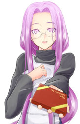 Rule 34 | 1girl, apron, box, chocolate, fate/stay night, fate (series), fingernails, food, gift, glasses, holding, holding gift, incoming gift, long hair, looking at viewer, medusa (fate), medusa (rider) (fate), official alternate costume, open mouth, purple eyes, purple hair, simple background, smile, solo, square pupils, valentine, very long hair, white background, zanku