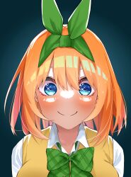 Rule 34 | 1girl, airo, blue eyes, blush, bow, c:, closed mouth, commentary, double-parted bangs, dress shirt, excited, eyebrows hidden by hair, eyelashes, go-toubun no hanayome, green background, green bow, green ribbon, hair between eyes, hair ribbon, highres, looking at viewer, medium hair, nakano yotsuba, orange hair, plaid, plaid bow, ribbon, school uniform, shirt, simple background, smile, solo, sparkling eyes, straight-on, straight hair, sweater vest, white shirt, yellow sweater vest
