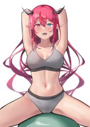 Rule 34 | 1girl, absurdres, armpits, arms behind head, arms up, ball, blue eyes, blush, bra, breasts, calvin klein, cleavage, demon horns, exercise ball, grey bra, grey panties, heterochromia, highres, hololive, hololive english, horns, irys (hololive), long hair, looking at viewer, medium breasts, multicolored hair, navel, open mouth, panties, pink eyes, pointy ears, purple eyes, purple hair, red hair, shift (shiftillust), solo, spread legs, streaked hair, underwear, upper body, virtual youtuber, wet, white background