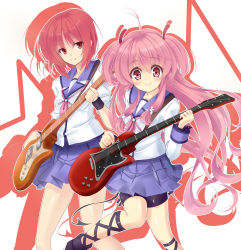 Rule 34 | 10s, 2girls, ahoge, angel beats!, ankle lace-up, cardiogram, cross-laced footwear, demon tail, guitar, highres, instrument, iwasawa masami, kujou ichiso, long hair, multiple girls, pink eyes, pink hair, red eyes, red hair, school uniform, serafuku, short hair, short twintails, skirt, sleeves rolled up, smile, socks, tail, thigh strap, twintails, two side up, yui (angel beats!)