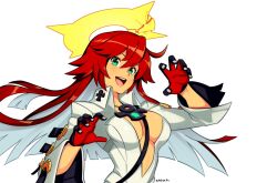 Rule 34 | ahoge, ankh necklace, artist name, belt, black gloves, bodysuit, breasts, broken halo, cleavage, colored inner hair, front slit, gloves, green eyes, guilty gear, guilty gear strive, hair between eyes, halo, jack-o&#039; valentine, large breasts, long hair, multicolored hair, red hair, smgold, solo, spiked halo, teeth, too many, too many belts, upper body, upper teeth only, very long hair, white background, white bodysuit, white hair