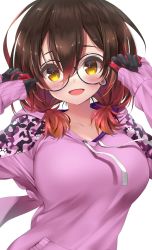 Rule 34 | 1girl, :d, absurdres, black gloves, blush, breasts, brown hair, glasses, gloves, gradient hair, hair between eyes, hands up, highres, hololive, hood, hoodie, large breasts, long hair, long sleeves, makinan, medium hair, multicolored hair, open mouth, pink hoodie, red hair, roboco-san, roboco-san (hoodie), round eyewear, short twintails, simple background, sleeves past wrists, smile, solo, twintails, upper body, virtual youtuber, white background, yellow eyes