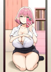 Rule 34 | 1girl, akane (sky-freedom), black skirt, black socks, blurry, blurry background, bob cut, bookshelf, bottomless, bra, breasts, brown bra, cellphone, cleavage, closed mouth, collarbone, collared shirt, curtains, dot nose, fingernails, highres, holding, holding phone, huge breasts, indoors, joshi kousei rich thots, lap, light blush, lips, long fingernails, looking at phone, mirror, nail polish, no panties, orange curtains, original, partially unbuttoned, phone, pink eyes, pink hair, pink nails, reflection, seiza, selfie, shirt, short sleeves, sitting, skirt, sky-freedom, smartphone, smile, socks, solo, thighs, unbuttoned, unbuttoned shirt, underwear, white shirt