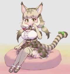 Rule 34 | 1girl, animal costume, animal ear fluff, animal ears, belt, cat ears, cat girl, cat tail, elbow gloves, gloves, green eyes, grey hair, highres, jungle cat (kemono friends), kemono friends, kemono friends v project, kneehighs, long hair, looking at viewer, microphone, ribbon, shirt, shoes, simple background, skirt, socks, solo, tail, twintails, virtual youtuber, zzz ansh