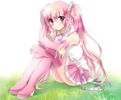 Rule 34 | 1girl, bad id, bad pixiv id, blush, boots, detached sleeves, grass, hatsune miku, headset, hugging own legs, long hair, muraten, necktie, pink eyes, pink footwear, pink hair, sakura miku, sitting, skirt, smile, solo, thigh boots, thighhighs, twintails, very long hair, vocaloid
