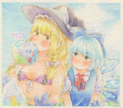 Rule 34 | 2girls, black headwear, blonde hair, blue bow, blue dress, blue eyes, blue flower, blush, bow, braid, breasts, cirno, closed mouth, collarbone, collared shirt, covering own mouth, dated, detached wings, dress, flower, frilled sleeves, frills, hair bow, hand fan, hat, holding, holding fan, kirisame marisa, long hair, multiple girls, neck ribbon, painting (medium), paper fan, pinafore dress, puffy short sleeves, puffy sleeves, red ribbon, ribbon, shin1ar24, shirt, short hair, short sleeves, single braid, sleeveless, sleeveless dress, small breasts, touhou, traditional media, upper body, watercolor (medium), watercolor pencil (medium), white flower, white shirt, wings, witch hat, yellow eyes