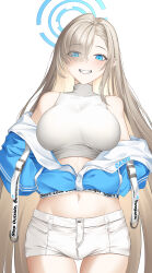 Rule 34 | absurdly long hair, absurdres, alternate costume, arucoro, asuna (blue archive), bare shoulders, blue archive, blue eyes, blue jacket, breasts, casual, crop top, grin, hair over one eye, hands in pockets, highres, jacket, jacket partially removed, large breasts, light brown hair, long hair, midriff, navel, off shoulder, partially unzipped, shirt, short shorts, shorts, simple background, sleeveless, sleeveless shirt, sleeveless turtleneck crop top, smile, strap, swept bangs, teeth, thigh gap, turtleneck, turtleneck crop top, upper teeth only, very long hair, white background, white shirt, white shorts