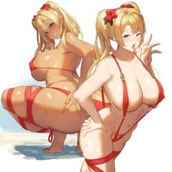 Rule 34 | 1girl, absurdres, aji (sakanaaj1), areola slip, ass, bare shoulders, bikini, blonde hair, blue eyes, blush, breasts, cleavage, collarbone, covered erect nipples, flower, granblue fantasy, hair intakes, hibiscus, highres, large breasts, long hair, looking at viewer, micro bikini, multiple views, navel, one-piece swimsuit, open mouth, red one-piece swimsuit, slingshot swimsuit, smile, squatting, strap gap, swimsuit, tan, thighs, tongue, tongue out, twintails, zeta (granblue fantasy)