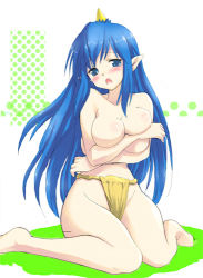 Rule 34 | 1girl, blue eyes, blue hair, breast hold, breasts, covering breasts, covering privates, demon girl, dress, female focus, full body, furrowed brow, green dress, groin, hima, horns, huge breasts, knees together feet apart, large breasts, legs, long hair, lowres, momotarou densetsu, oni, pointy ears, single horn, sitting, solo, tareme, topless, wariza, white background, yashahime (momotarou densetsu)