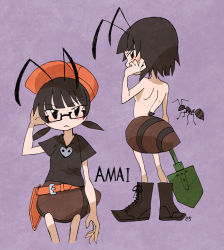 Rule 34 | 1girl, ant, antennae, back, black hair, bug, character name, female focus, glasses, bug, arthropod girl, low twintails, monster girl, nude, original, sachy (sachichy), short hair, short twintails, shovel, solo, twintails