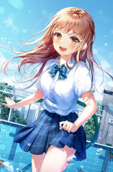 Rule 34 | 1girl, :d, bad id, bad pixiv id, blue bow, blue skirt, blue sky, blush, bow, breasts, brown eyes, brown hair, cloud, collared shirt, commentary request, day, dotz, dress shirt, dutch angle, empty pool, floating hair, holding, hose, long hair, looking at viewer, medium breasts, open mouth, original, outdoors, plaid, plaid bow, plaid skirt, pleated skirt, pool, rainbow, round teeth, school uniform, shirt, short sleeves, skirt, sky, smile, solo, standing, teeth, tile wall, tiles, upper teeth only, water, water drop, white shirt