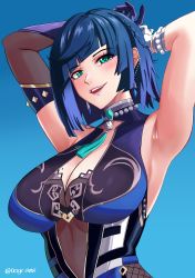 Rule 34 | 1girl, absurdres, armpits, arms up, black gloves, blue background, blue dress, blue hair, bob cut, braid, breasts, diagonal bangs, dice, dress, earrings, elbow gloves, genshin impact, gloves, green eyes, highres, jewelry, large breasts, looking at viewer, mole, mole on breast, neck tassel, neige (pixiv6850453), open mouth, short hair, single elbow glove, sleeveless, sleeveless dress, smile, solo, twitter username, upper body, white gloves, yelan (genshin impact)