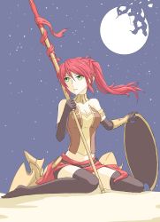 Rule 34 | 1girl, absurdres, armor, bracer, breastplate, breasts, cleavage, elbow gloves, gloves, green eyes, groin, highres, jewelry, looking to the side, medium breasts, midriff, moon, neck ring, polearm, ponytail, pyrrha nikos, red hair, ribbon, rwby, shield, sitting, solo, spear, star (sky), thighhighs, tsukimizake, weapon, yokozuwari