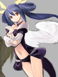 Rule 34 | 1girl, arc system works, asymmetrical wings, bare shoulders, blue hair, bow, breasts, choker, dizzy (guilty gear), grey background, guilty gear, hair bow, kishiro (michiko), long hair, navel, red eyes, simple background, solo, tail, twintails, underboob, wings