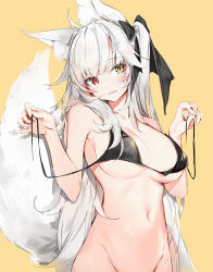 Rule 34 | 1girl, absurdres, ahoge, animal ears, bikini, bikini pull, bikini top only, black bikini, black ribbon, blush, breasts, clothes pull, fox ears, fox girl, fox tail, groin, hair ribbon, head tilt, heterochromia, highres, large breasts, long hair, mole, mole under eye, navel, open mouth, original, red eyes, ribbon, side ponytail, silver (chenwen), slit pupils, solo, swimsuit, tail, untied bikini, upper body, very long hair, white hair, yellow background, yellow eyes