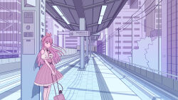 Rule 34 | 1girl, absurdres, allegedly tom, bow, building, city, cityscape, clothing cutout, commentary, demon girl, demon tail, dress, english commentary, english text, frilled dress, frills, hair bow, highres, limited palette, long hair, outdoors, pink dress, pink hair, pointy ears, production kawaii, puffy short sleeves, puffy sleeves, reina sun (vtuber), scenery, short sleeves, shoulder cutout, solo, standing, suitcase, tail, thigh strap, train station, train station platform, v arms, virtual youtuber, wide shot
