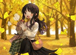 Rule 34 | 1girl, autumn leaves, bag, black hair, blush, braid, brown eyes, commentary request, cowboy shot, earrings, eating, food, french braid, ginkgo leaf, ginkgo tree, handbag, holding, holding food, hoop earrings, jewelry, leaf, off shoulder, original, outdoors, ponytail, roasted sweet potato, shopping bag, side braid, sidelocks, solo, standing, steam, sweet potato, tree, watch, wide face, wristwatch, zinbei