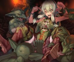 Rule 34 | 10s, 1girl, 6+boys, bad id, bad pixiv id, black bow, blood, blush, bone, boots, bow, grabbing another&#039;s breast, censored, colored skin, elf, erection, fire, goblin, goblin slayer!, grabbing, grabbing from behind, green skin, group sex, hair bow, high elf archer (goblin slayer!), holding another&#039;s wrist, imminent rape, jagaimo (kkamja), licking, monster, mosaic censoring, multiple boys, one eye closed, open mouth, orgy, penis, pointy ears, saliva, sharp teeth, shorts, sidelocks, skeleton, sleeveless, solo focus, spread legs, teeth, tongue, tongue out, torch