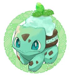 Rule 34 | aqua eyes, bad id, bad twitter id, bright pupils, bulbasaur, closed mouth, commentary, creatures (company), english commentary, fang, fang out, food, food focus, full body, game freak, gen 1 pokemon, ice cream, leaf, looking at viewer, mint, nintendo, no humans, pokemon, pokemon (creature), seed kiti001, smile, twitter username