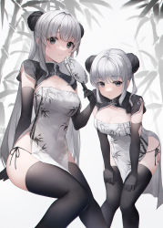 Rule 34 | 2girls, absurdres, black collar, black eyes, black gloves, black hair, black panties, black thighhighs, breasts, china dress, chinese clothes, cleavage, closed mouth, collar, crystalherb, double bun, dress, elbow gloves, gloves, hair bun, highres, long hair, looking at viewer, medium breasts, multiple girls, multiple views, original, panties, print dress, shadow, side-tie panties, sitting, smile, standing, thighhighs, tree, underwear, white dress, white hair