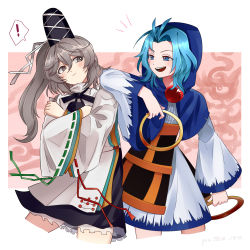 Rule 34 | !, 2girls, :d, :|, antenna hair, black ribbon, black skirt, blue capelet, blue eyes, blue hair, blush, capelet, chakram, closed mouth, cowboy shot, cropped legs, crossed arms, dress, elbow rest, eyebrows, grey eyes, grey hair, hair between eyes, hair intakes, hat, highres, holding, holding weapon, hood, hood up, hooded capelet, ichirugi, japanese clothes, kesa, kumoi ichirin, long hair, long sleeves, looking at another, mononobe no futo, multiple girls, neck ribbon, open mouth, pom pom (clothes), ponytail, ribbon, ribbon-trimmed clothes, ribbon-trimmed sleeves, ribbon trim, skirt, smile, spoken exclamation mark, standing, tate eboshi, teeth, tongue, touhou, weapon, white dress, wide sleeves