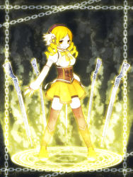 Rule 34 | 10s, 1girl, bad id, bad pixiv id, beret, blonde hair, boots, brown thighhighs, chain, corset, detached sleeves, drill hair, fingerless gloves, fuyuki yomi, gloves, glowing, gun, hair ornament, hairpin, hat, light, light smile, magic circle, magical girl, magical musket, mahou shoujo madoka magica, mahou shoujo madoka magica (anime), pleated skirt, puffy sleeves, ribbon, rifle, shirt, skirt, solo, standing, striped clothes, striped thighhighs, taut clothes, taut shirt, thighhighs, tomoe mami, twin drills, twintails, vertical-striped clothes, vertical-striped thighhighs, weapon, yellow eyes, zettai ryouiki