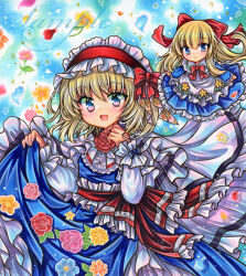 Rule 34 | 2girls, alice margatroid, apron, blonde hair, blue dress, blue eyes, bow, bowtie, capelet, closed mouth, cowboy shot, dress, embellished costume, flower, frilled apron, frilled dress, frilled hairband, frills, hair ribbon, hairband, hand up, light blue background, lolita hairband, long hair, long sleeves, looking at viewer, marker (medium), medium hair, mini person, minigirl, multiple girls, open mouth, petals, pink flower, pink rose, red bow, red bowtie, red flower, red hairband, red ribbon, red rose, ribbon, rose, rui (sugar3), sample watermark, shanghai doll, smile, standing, touhou, traditional media, watermark, white apron, white capelet, white sleeves, yellow flower, yellow rose
