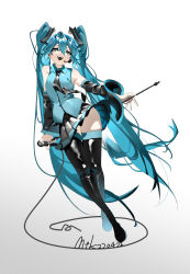 Rule 34 | absurdres, black footwear, black necktie, black skirt, blue eyes, blue hair, boots, bright pupils, dated, detached sleeves, eyelashes, gradient background, green eyes, hair between eyes, hatsune miku, high heels, highres, holding, holding microphone, holding microphone stand, long eyelashes, long hair, microphone, microphone stand, mitsuki3s kir, multicolored eyes, necktie, open mouth, signature, skindentation, skirt, teeth, thigh boots, twintails, upper teeth only, very long hair, vocaloid, white pupils, yellow eyes