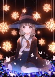 Rule 34 | 1girl, :o, brown hair, cloak, crying, crying with eyes open, eyebrows hidden by hair, fantasy, hand on own chest, hat, highres, mokunoki, open cloak, open clothes, open mouth, original, sailor collar, shirt, sitting, skirt, small stellated dodecahedron, solo, star (symbol), suspender skirt, suspenders, tears, white shirt, witch, witch hat