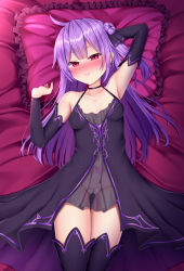 Rule 34 | 1girl, arm behind head, arm up, armpits, azur lane, bare shoulders, bed sheet, black choker, black dress, black ribbon, black sleeves, black thighhighs, blush, breasts, choker, cleft of venus, closed mouth, collarbone, commentary request, corruption, detached sleeves, dress, female focus, frilled pillow, frills, from above, groin, hair bun, hair ribbon, long hair, looking at viewer, lying, no panties, nose blush, on back, on bed, one side up, pillow, pubic tattoo, puririn, purple hair, pussy, red eyes, ribbon, see-through, side bun, single hair bun, single side bun, sleeveless, sleeveless dress, small breasts, smile, solo, tattoo, thigh gap, thighhighs, unicorn (azur lane), very long hair