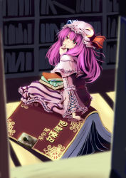 Rule 34 | 1girl, ameru.miro, bad id, bad pixiv id, book, bookmark, bookshelf, crescent, female focus, finger to mouth, hat, highres, lock, oversized object, patchouli knowledge, purple eyes, purple hair, sitting, sitting on object, solo, touhou